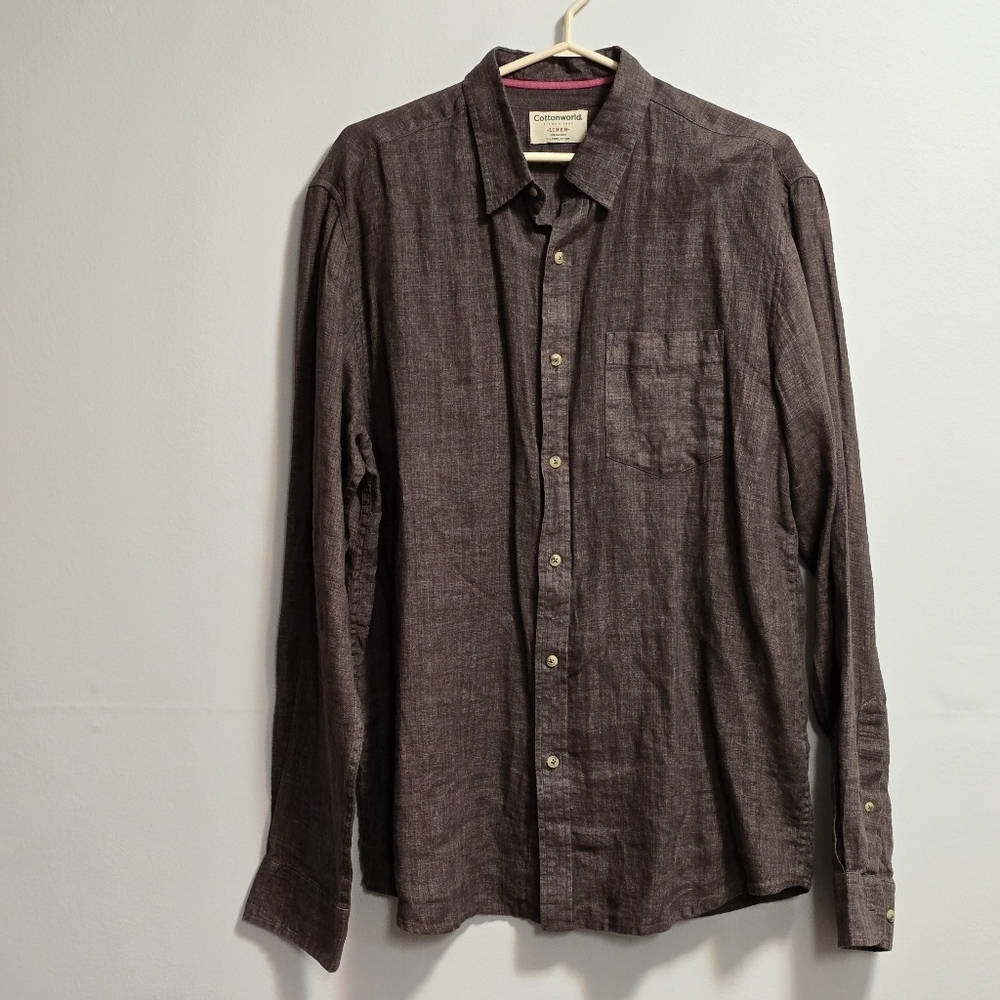 Cotton World Choclate Brown Linen Casual Button Down Shirt with Classic Collar